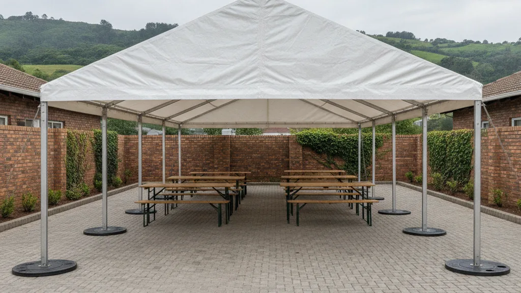Aluminium frame tent on weight plates on paving in a Pietermaritzburg complex courtyard