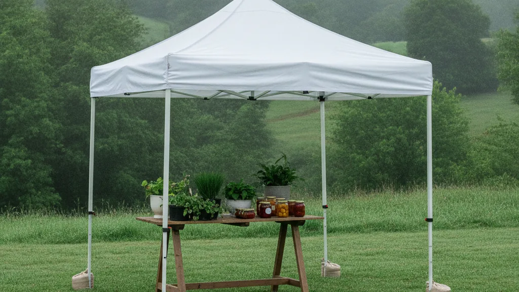 Plain white pop-up gazebo with weighted legs at a Pietermaritzburg weekend market