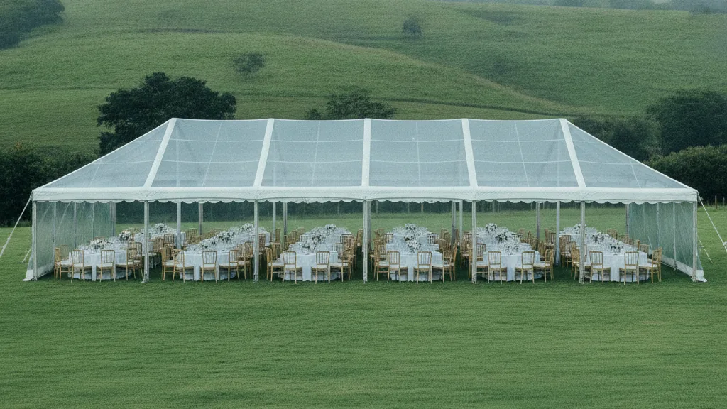 White marquee set with tables on a green country lawn with the misty KZN Midlands hills behind at Pietermaritzburg