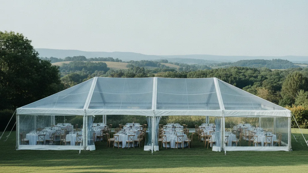 White clear-span frame marquee with round tables on a green Midlands garden lawn in Pietermaritzburg
