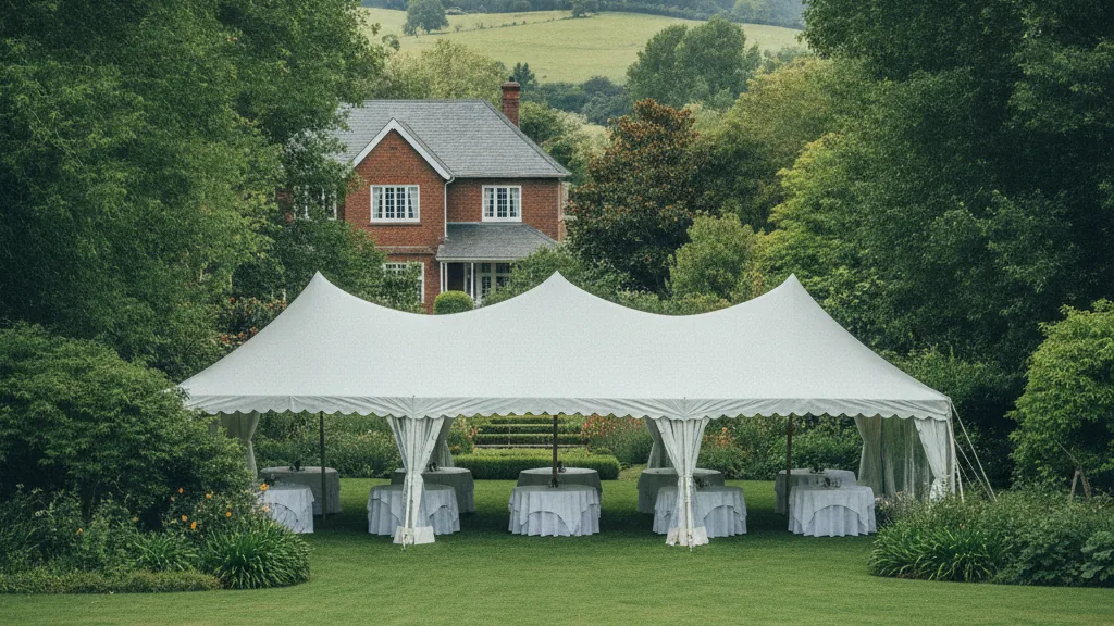 White marquee with round tables on a leafy suburban garden lawn in Scottsville, Pietermaritzburg