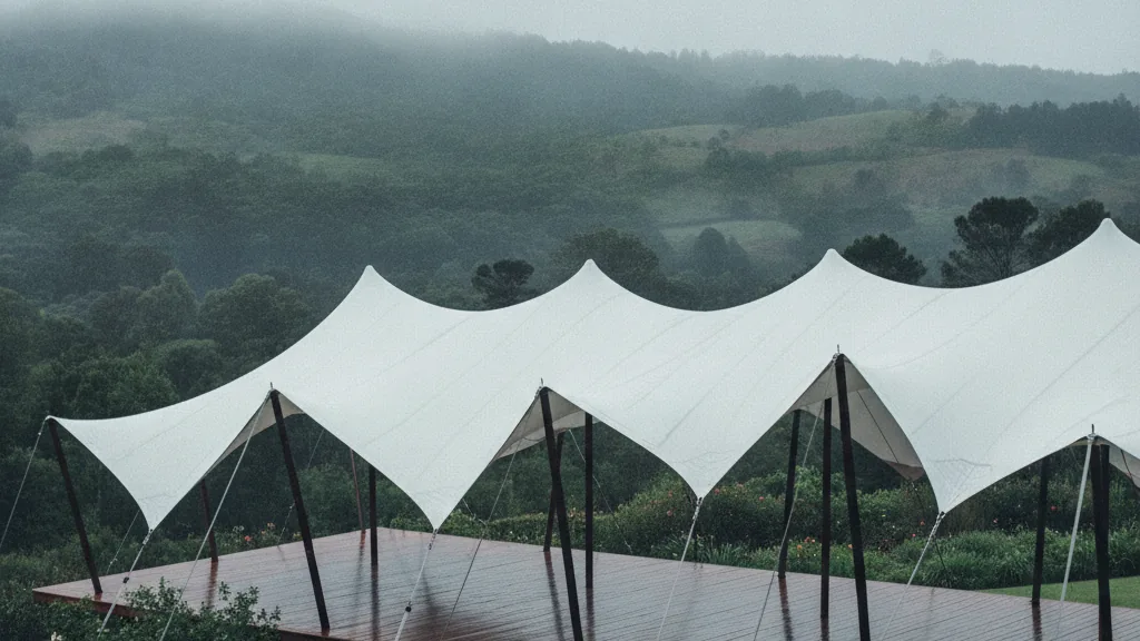 Waterproof white stretch tent tensioned over a green Midlands garden and deck in Pietermaritzburg