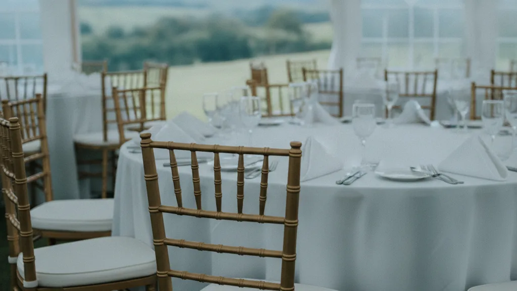 Gold Tiffany chairs at a linen-dressed round table inside a Pietermaritzburg function tent