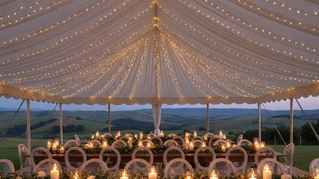 Fairy-lit white wedding marquee interior with candlelit feast tables at dusk in the Pietermaritzburg Midlands